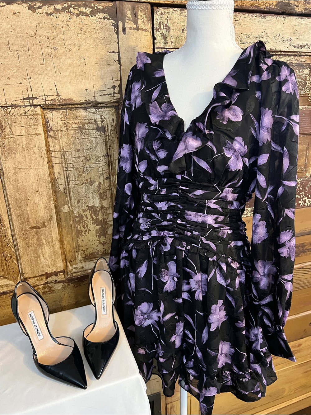 VICI Purple Floral Ruffle Mini Dress | Ruched Waist | Long Sleeve | Size M NWOT